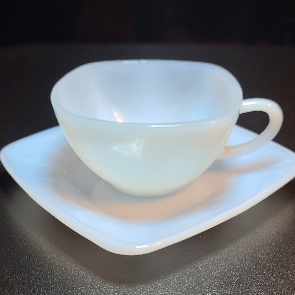 Fire King Blue Delphite Vintage Milk Glass Cup and Saucer Set Square MCM RARE